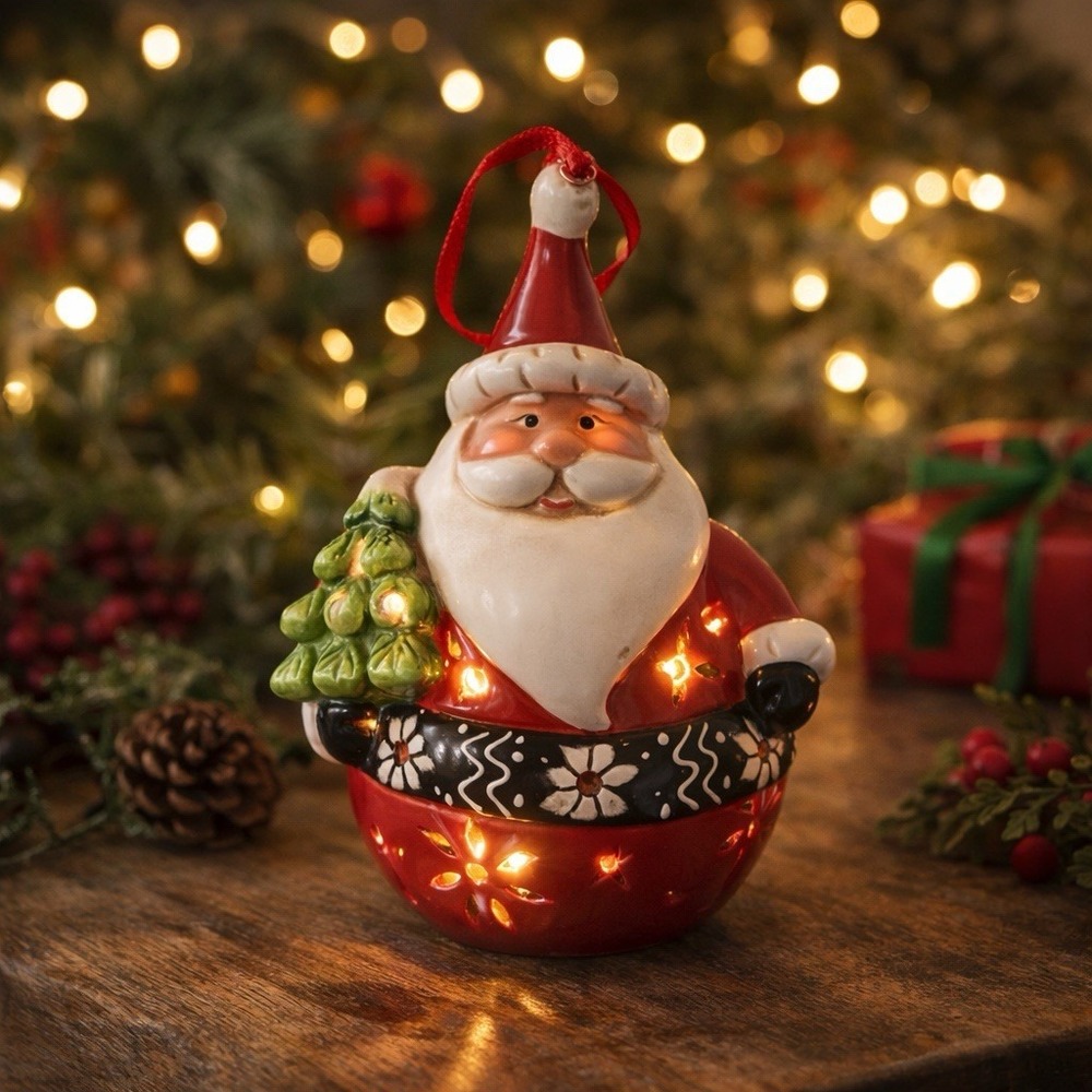 Vintage Style Light Up Santa Ornament Ceramic Christmas Holiday Decor